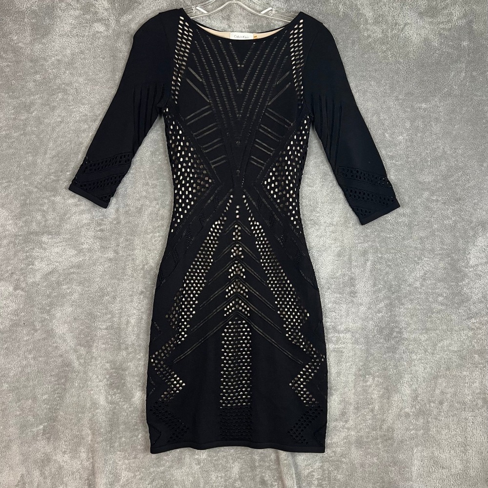 Calvin‎ Klein Bodycon Dress Womens PS Perforated 1/4 Sleeve Geometric Cutout